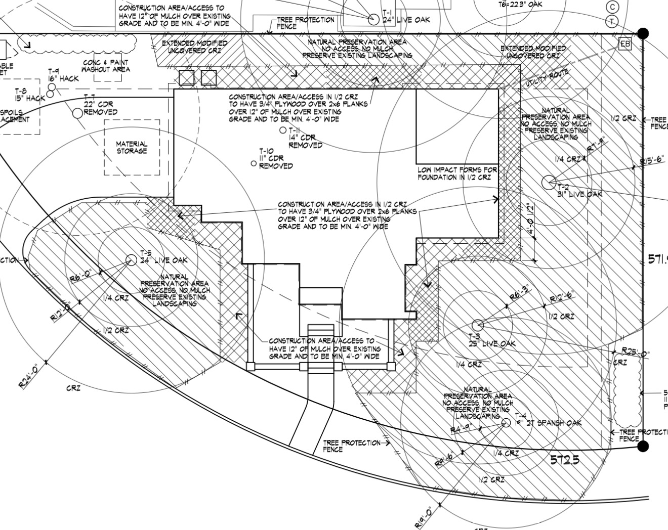 Tree protection plan drawing showing critical root zones for construction site consulting